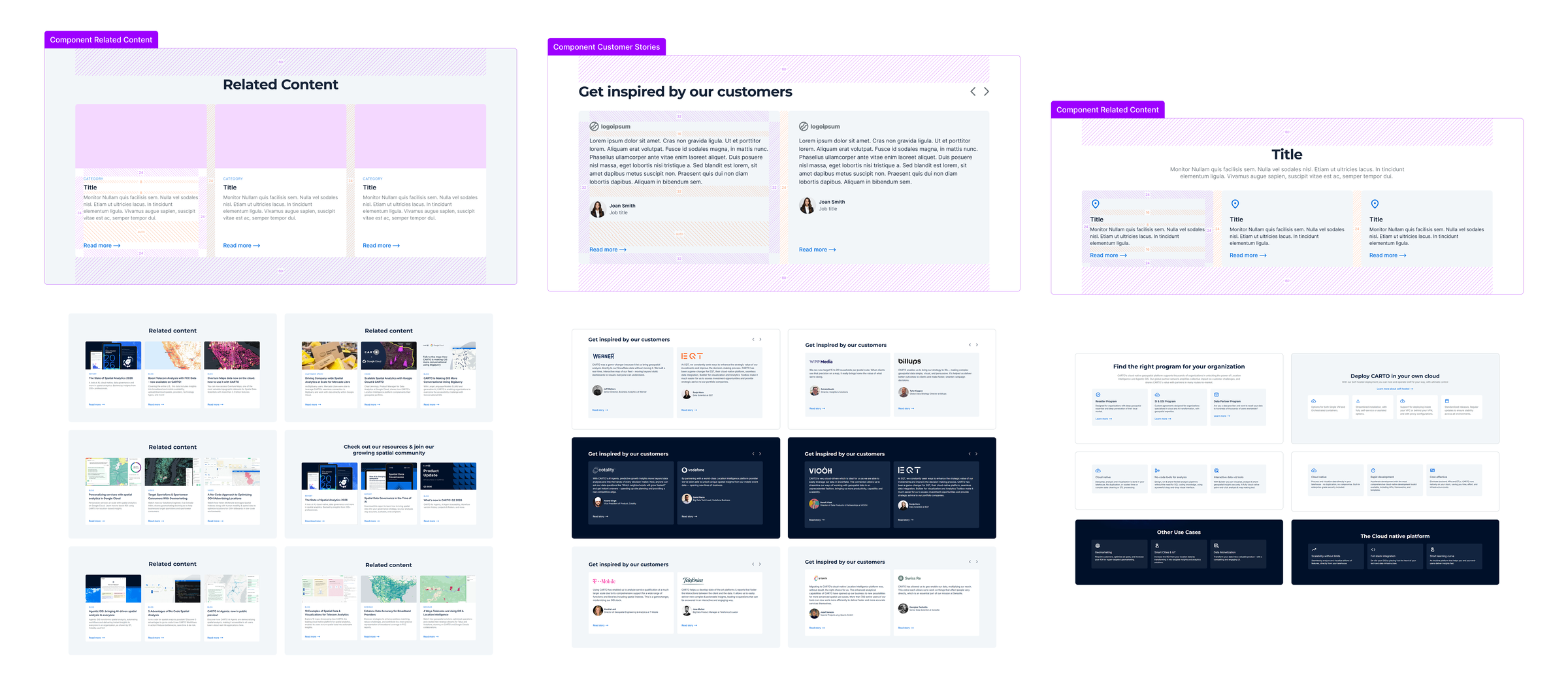 CARTO component library showing reusable related content, customer story and use case modules