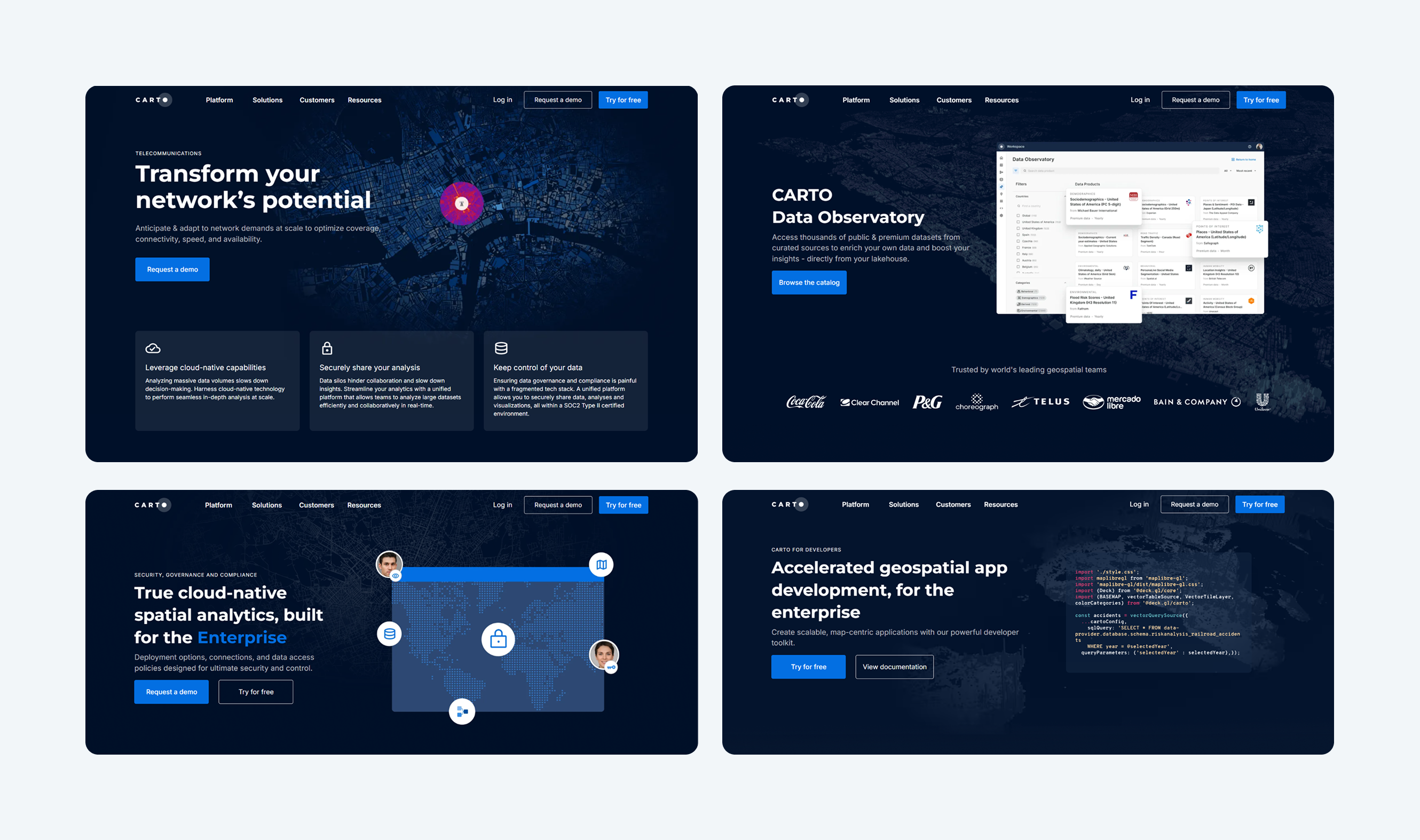 Four redesigned CARTO landing page headers for enterprise, data, cloud and developer audiences