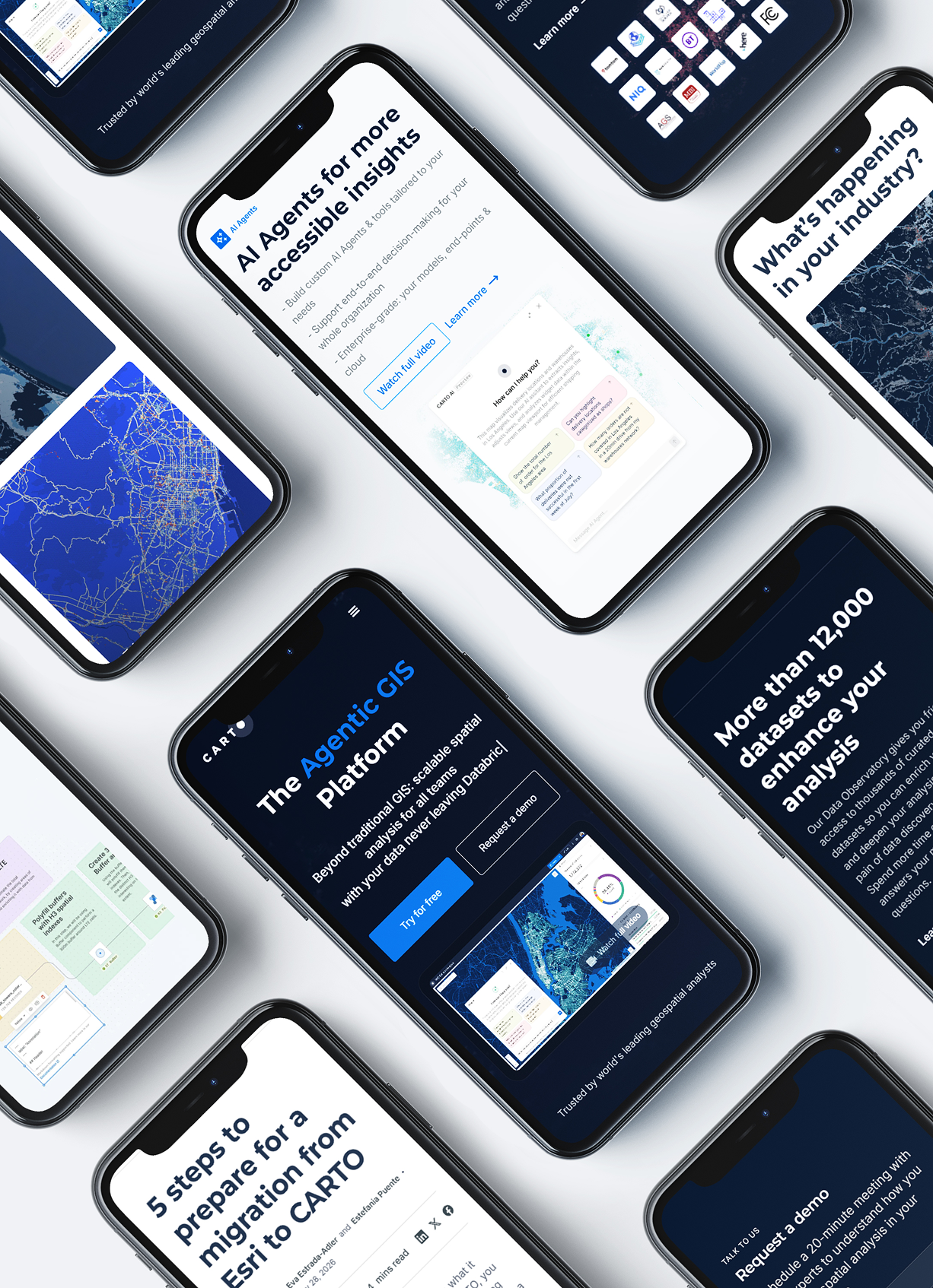 Responsive CARTO website redesign displayed across mobile phone mockups