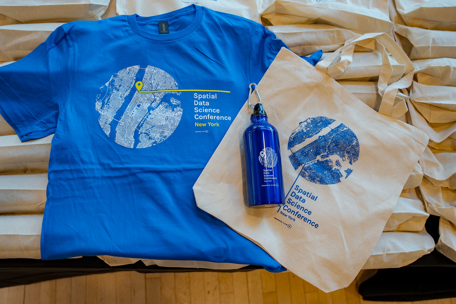 Spatial Data Science Conference T shirt, tote bag and reusable bottle