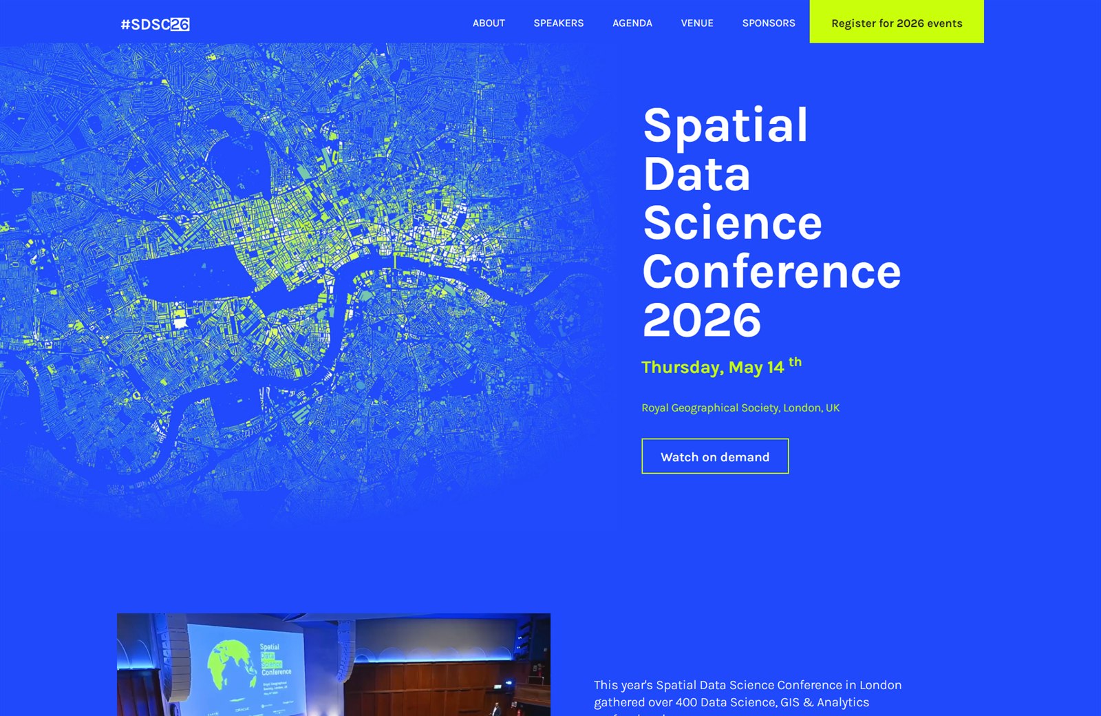 Spatial Data Science Conference visual identity featuring a map of London