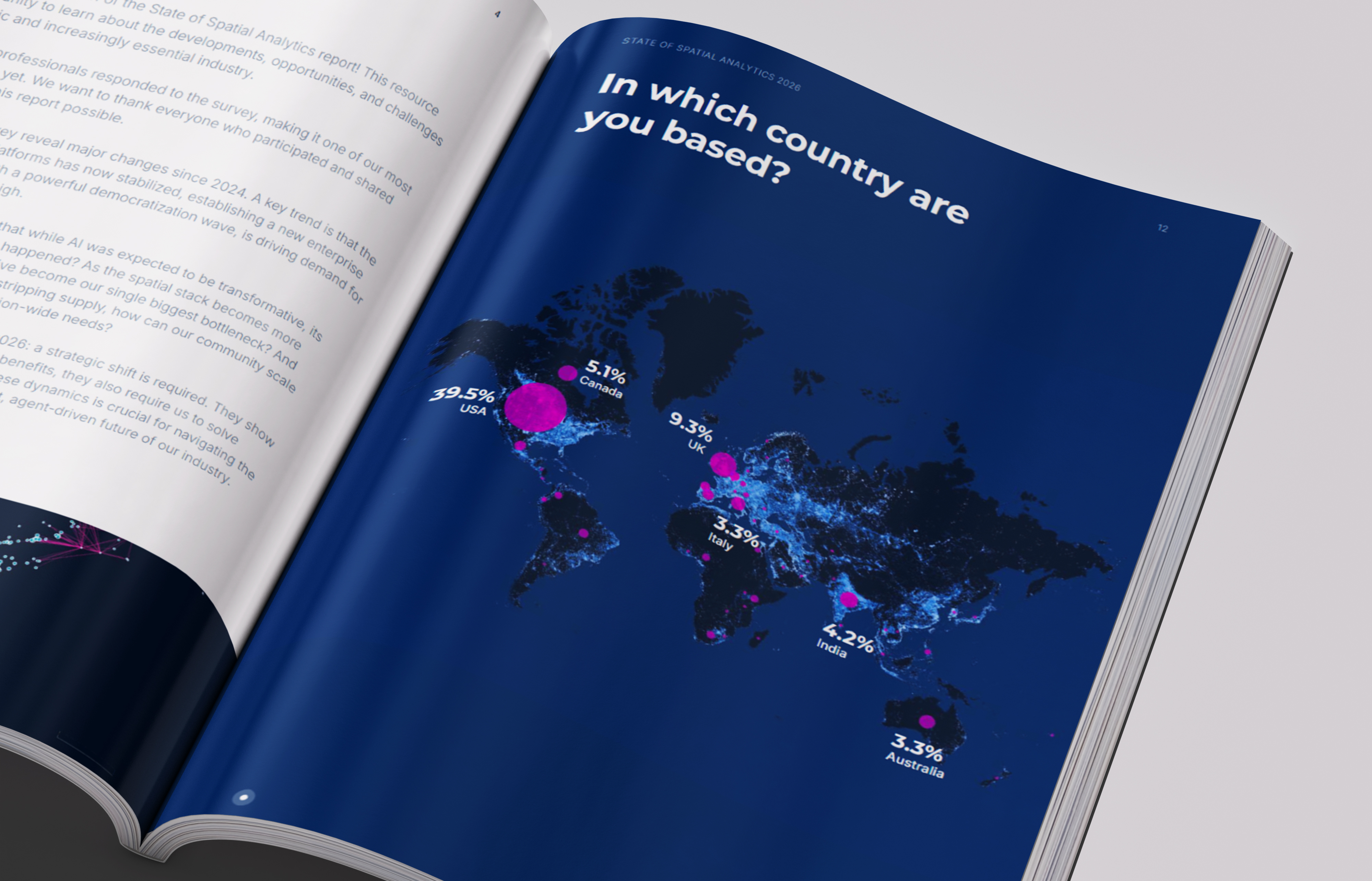 State of Spatial Analytics 2026 report spread featuring a map of survey respondents by country